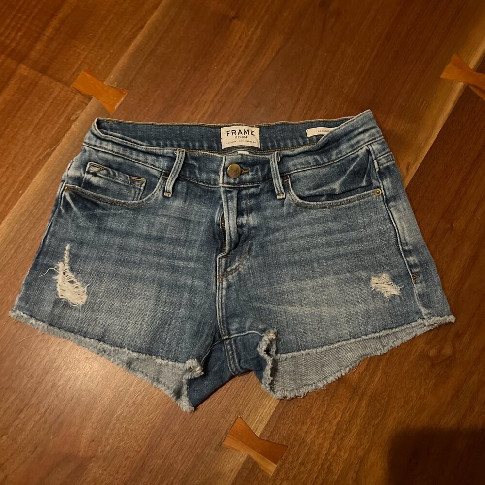 FRAME Denim Cutoff Jean Shorts in Ricochet Wash – Size 25, 3" Inseam